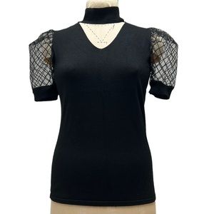 Love Ever After | Sheer Lace Sleeve‎ Knit Top Cut Out Choker Mock Neck Black S